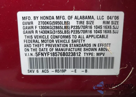 2006 Honda Pilot Ex-L from USA, damaged, VIN 5FNYF18576B023812